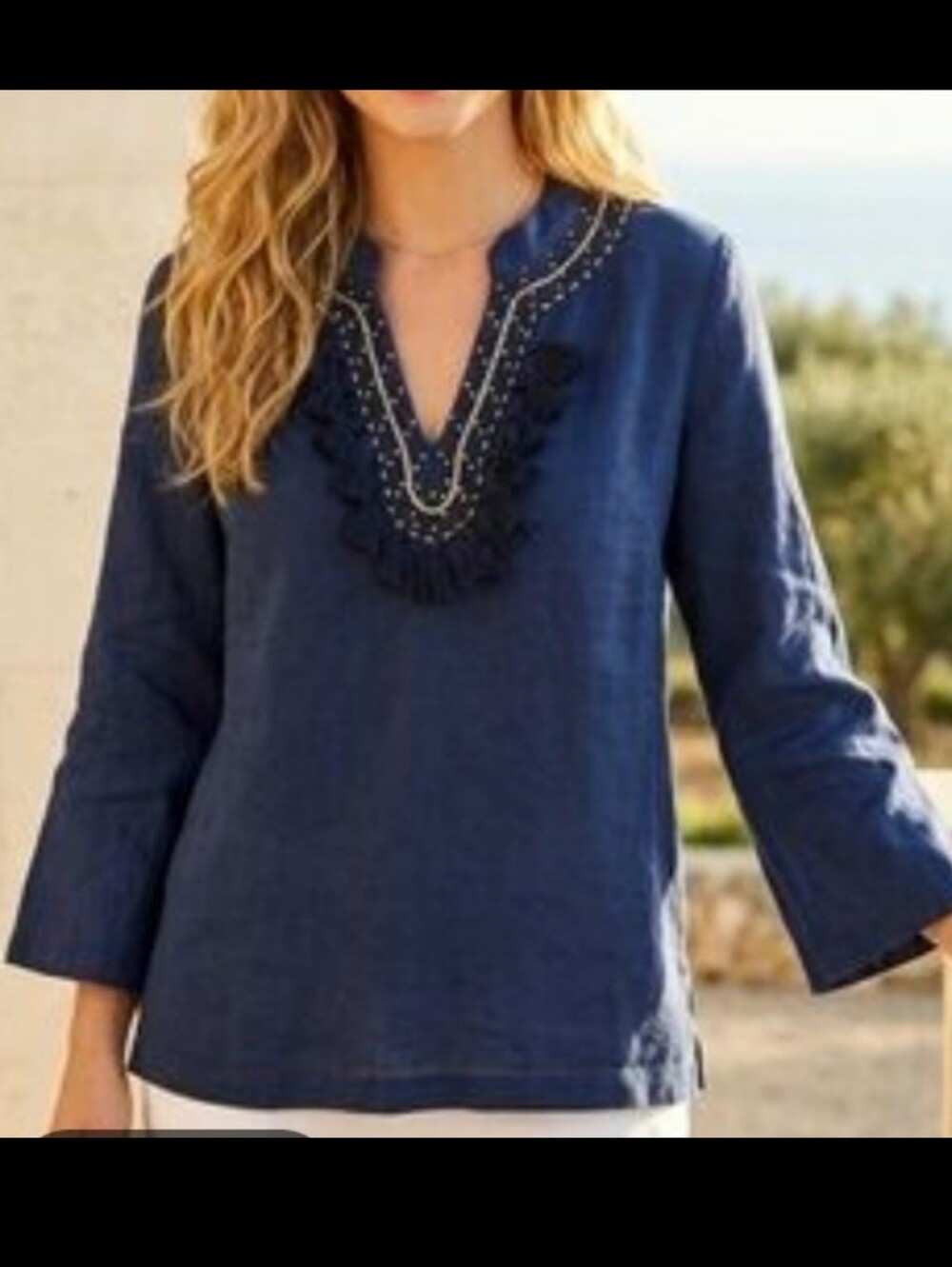 Lilly Pulitzer Amelia Navy Linen Embroidered Tassel V-Neck Tunic Blouse LARGE